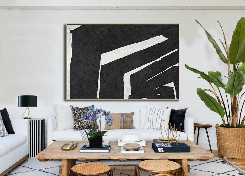 Large Canvas Wall Art For Sale,Hand Painted Oversized Horizontal Minimal Art On Canvas, Black And White Minimalist Painting - Contemporary Art Acrylic Painting